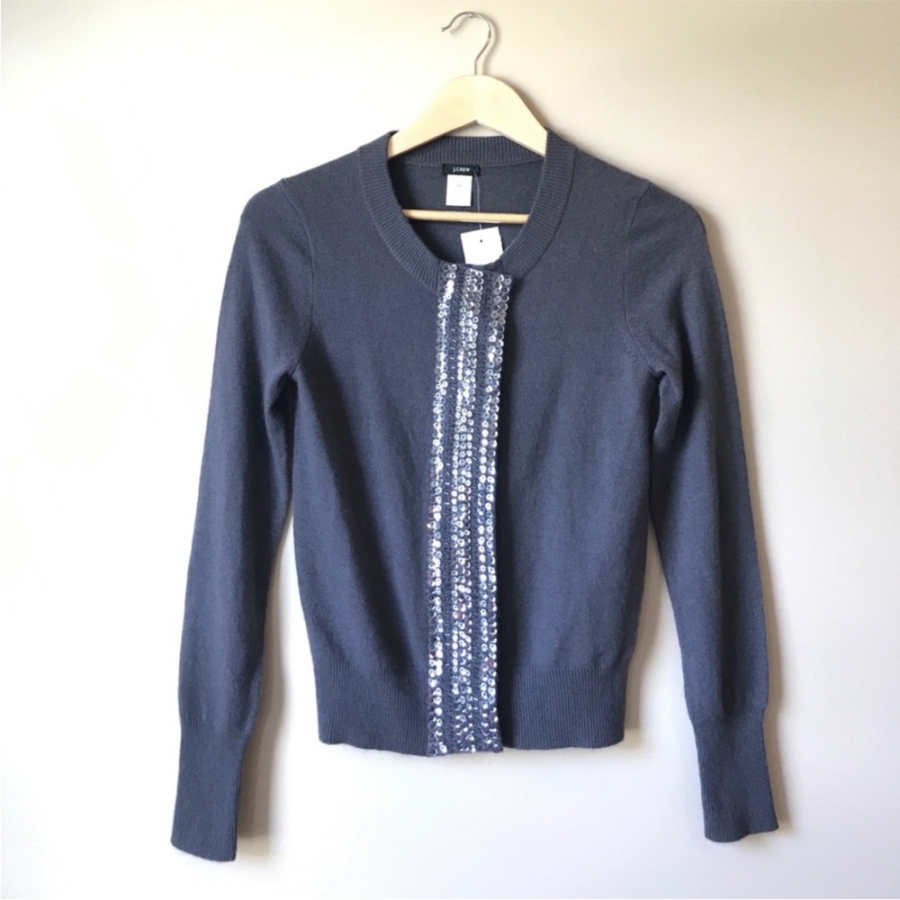 NWT J. Crew Cashmere Wool Zip Black Elegant Cardigan w/ Sequin Accent- Small